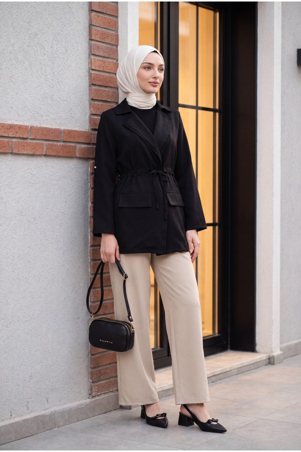 Tünel Bağcıklı Cep Detaylı Keten Görünümlü Kimono -Siyah