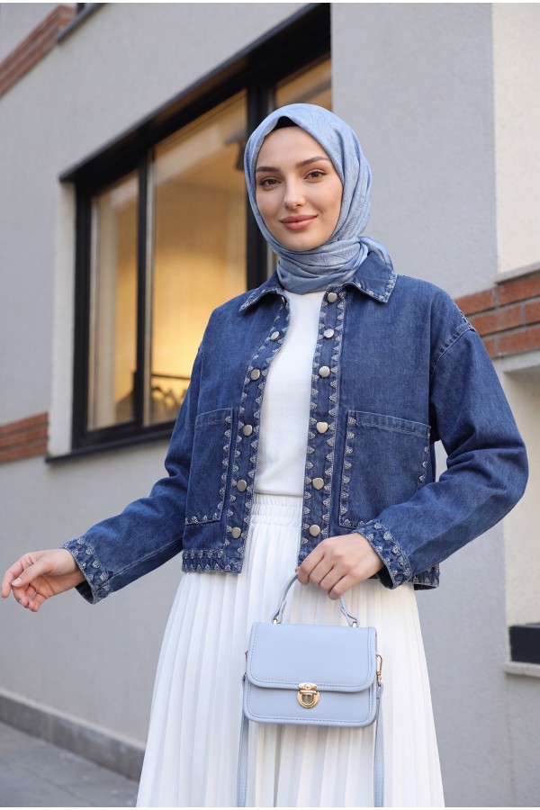 Çoban Nakışlı Düğmeli Kot Ceket -Koyu Mavi