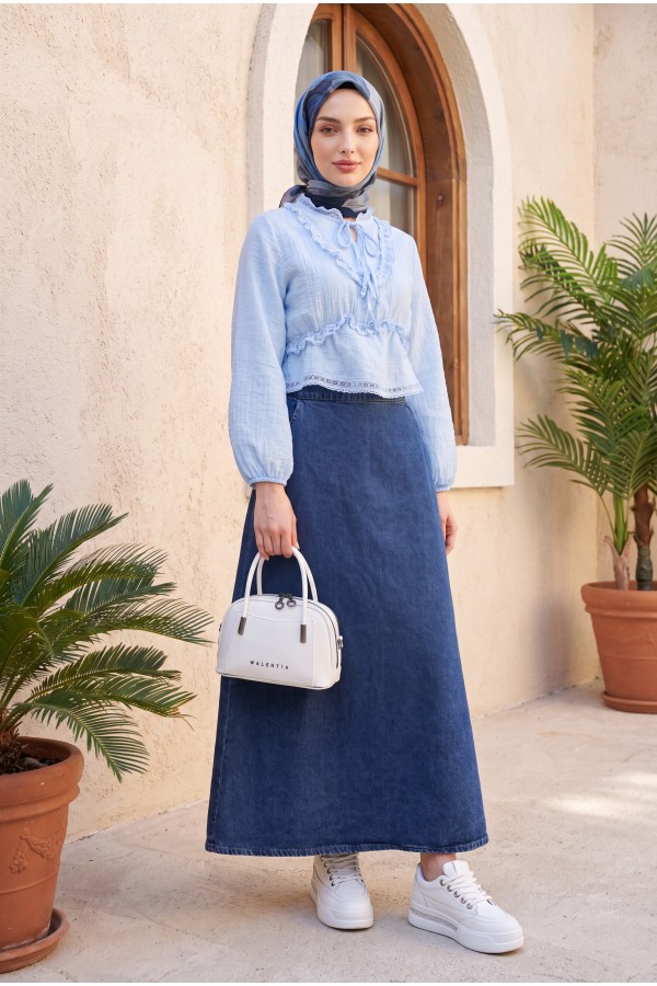 Denim Skirt with Half Elastic Waistband, Pockets and Embroidered Details -Dark blue