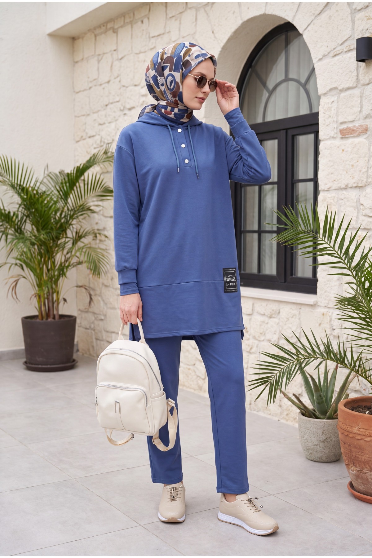 Double Combed Cotton Suit with Snap Fastener Crest Detail -İndigo