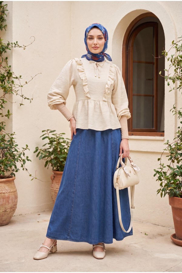 Denim Skirt with Side Pockets and Elastic Waistband -Dark blue