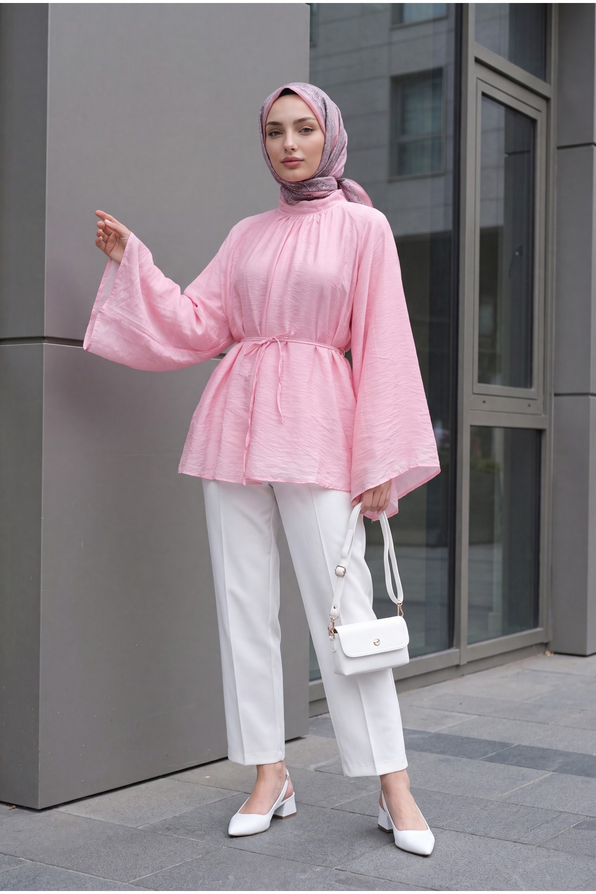 Mandarin Collar Belted Lined Spanish Sleeve Oversize Lyocell Tunic -Pink