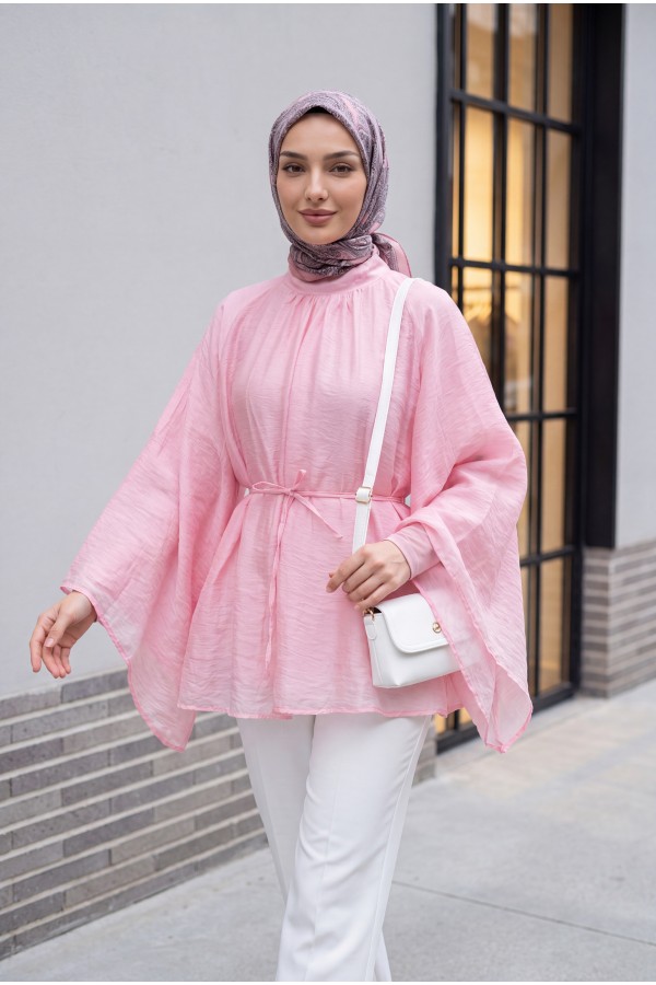 Hakim Yaka Kemerli Astarlı İspanyol Kol Oversize Liyosel Tunik -Pembe