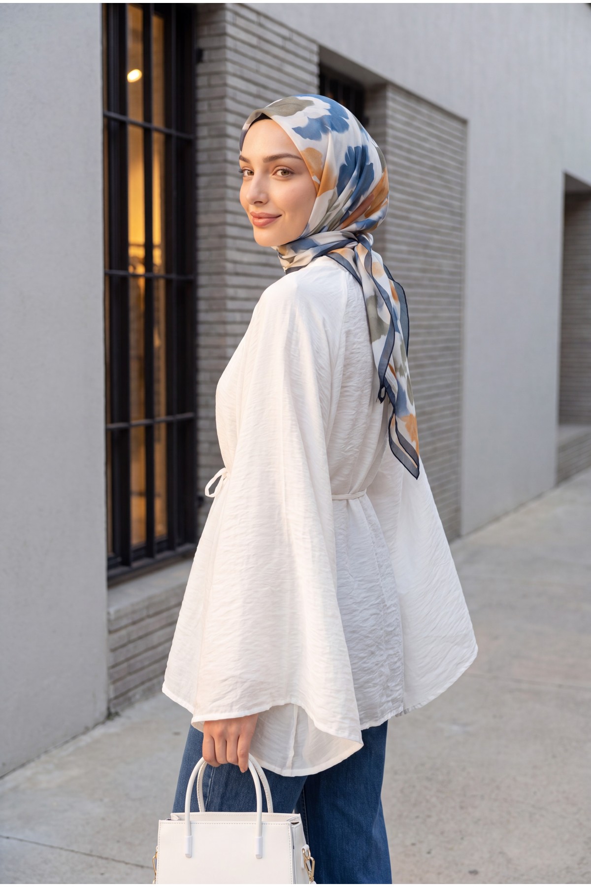 Mandarin Collar Belted Lined Spanish Sleeve Oversize Lyocell Tunic -White