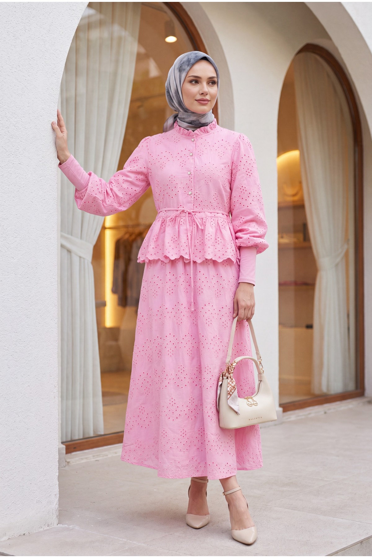 Linen Suit with Elasticated Sleeves, Belt, Lining, Pearl Buttons and Ruffles -Pink