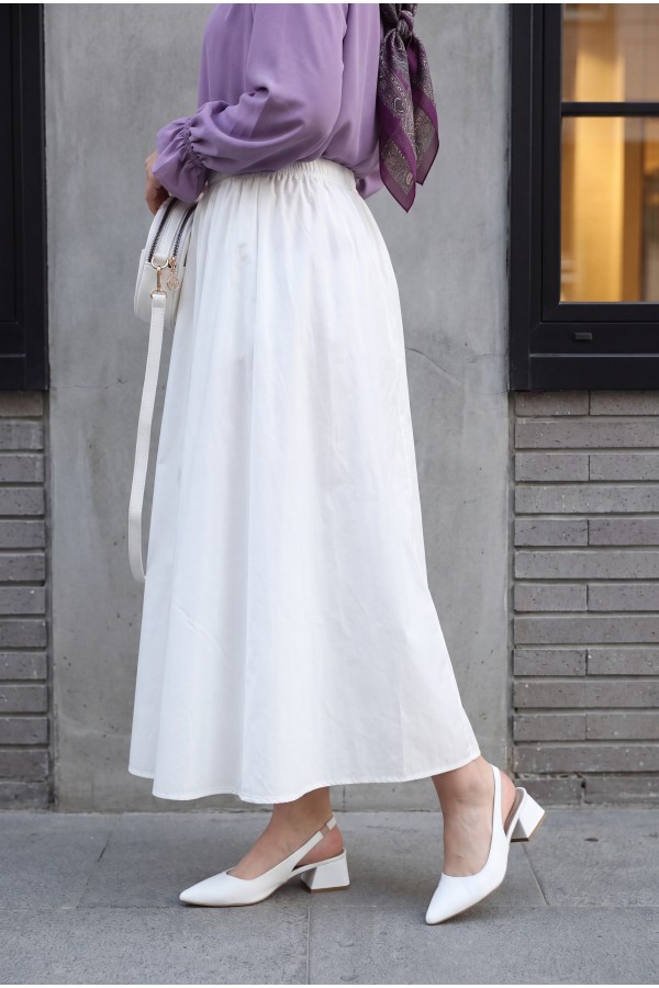 Elasticated Waist, Lined, Pocketed Parachute Skirt -White