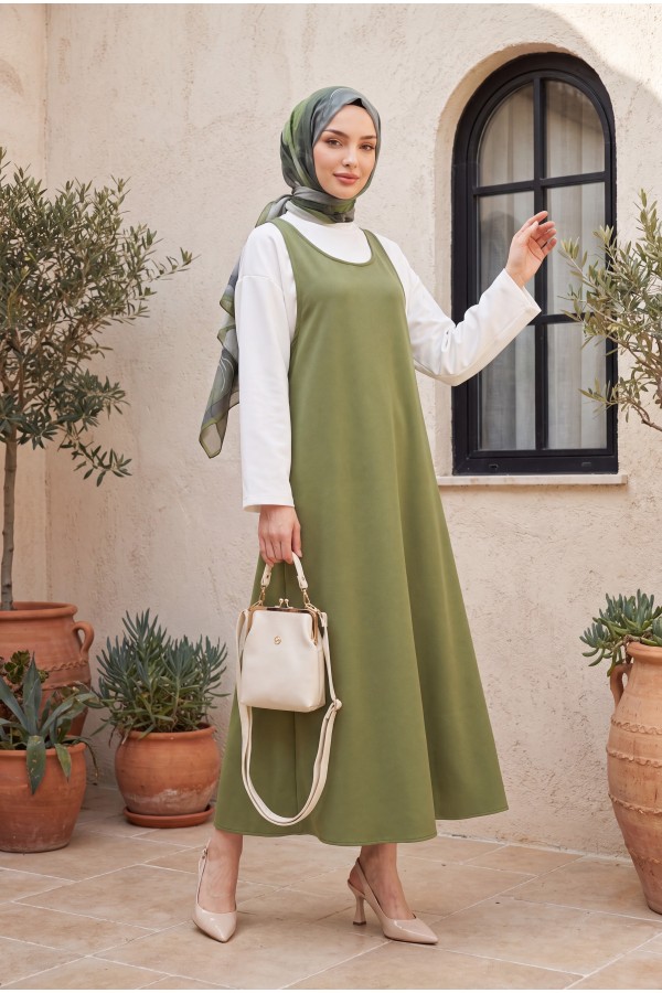 Stand-up collar long-sleeved blouse and double crepe vest set -Khaki