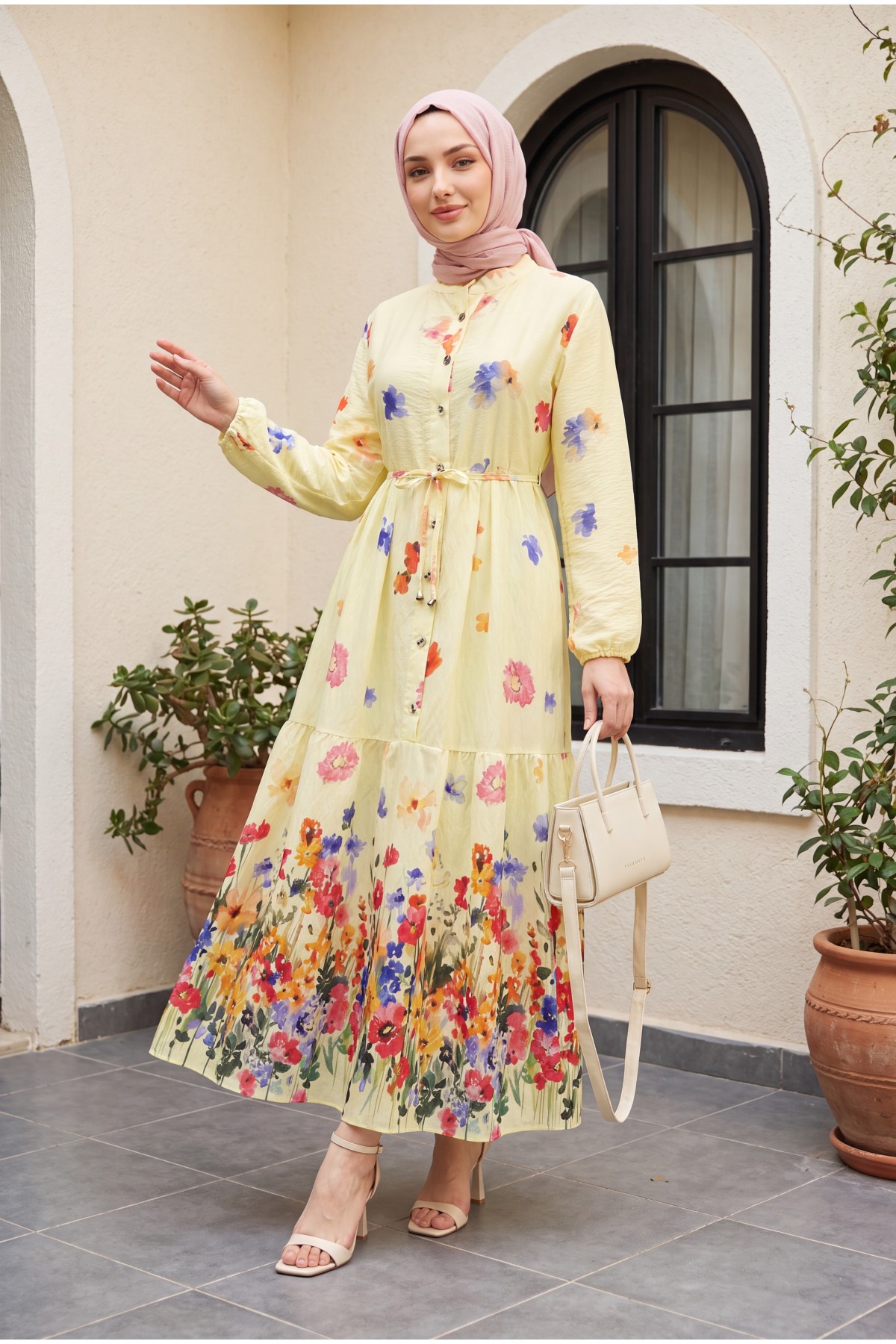 Floral Patterned Polycotton Dress with Elasticated Sleeves, Half Button Closure and Belt  -Yellow