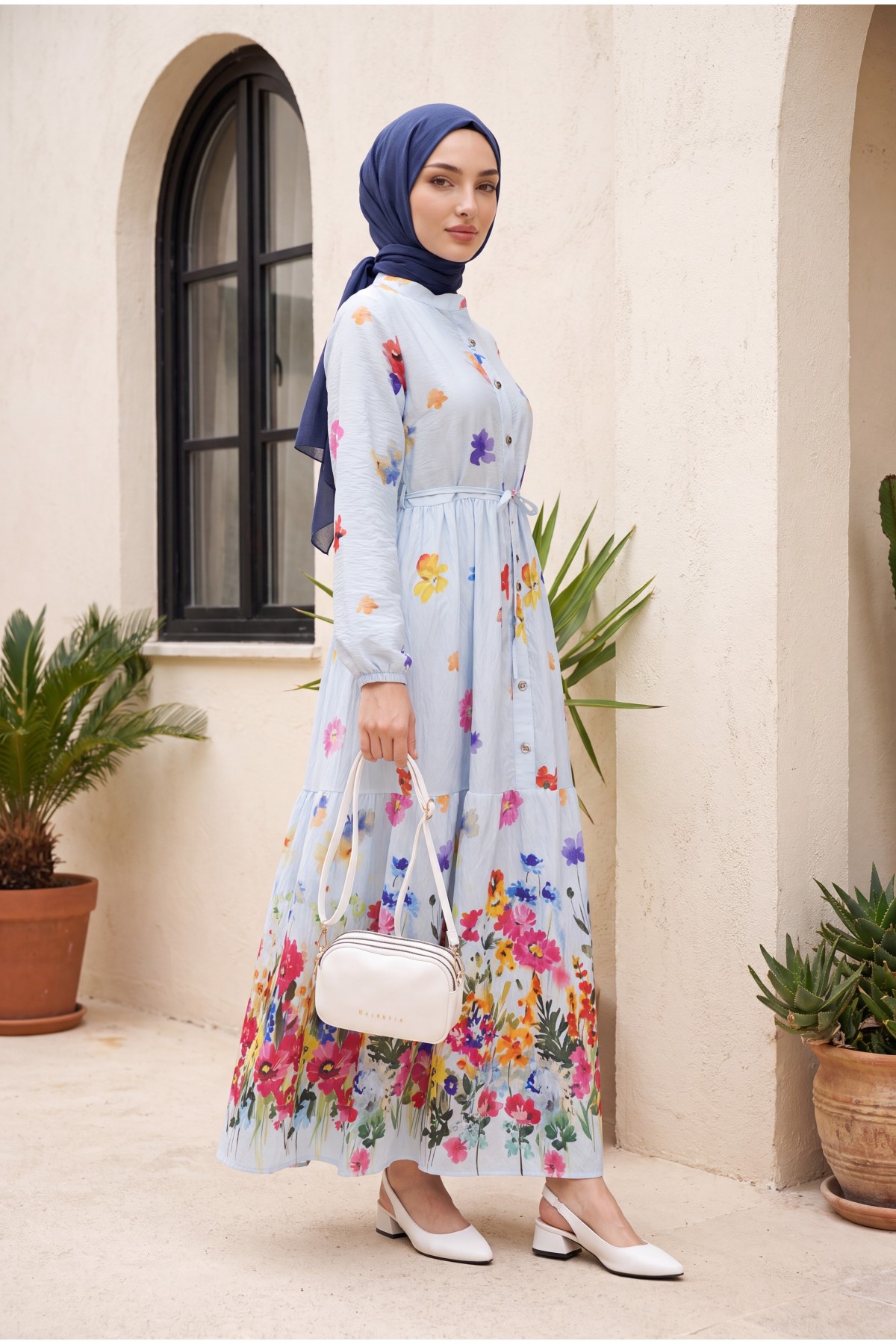 Floral Patterned Polycotton Dress with Elasticated Sleeves, Half Button Closure and Belt  -Baby Blue