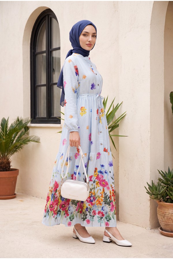 Floral Patterned Polycotton Dress with Elasticated Sleeves, Half Button Closure and Belt  -Baby Blue