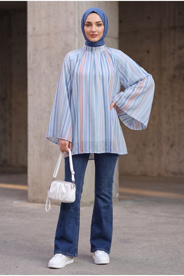 Stand Collar Striped Lined Oversize Thin Voile Tunic -Light blue
