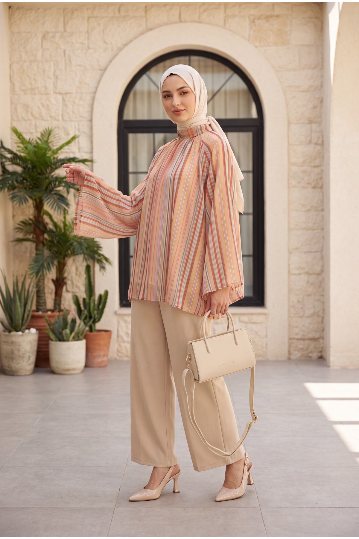 Stand Collar Striped Lined Oversize Thin Voile Tunic -Salmon