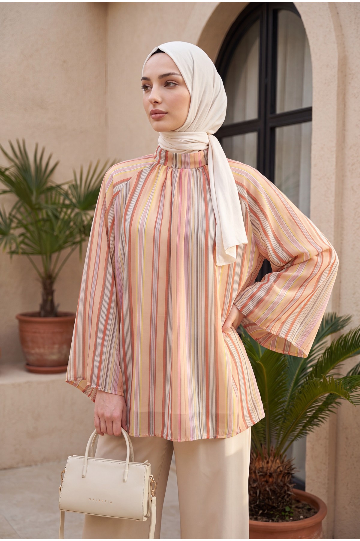 Stand Collar Striped Lined Oversize Thin Voile Tunic -Salmon