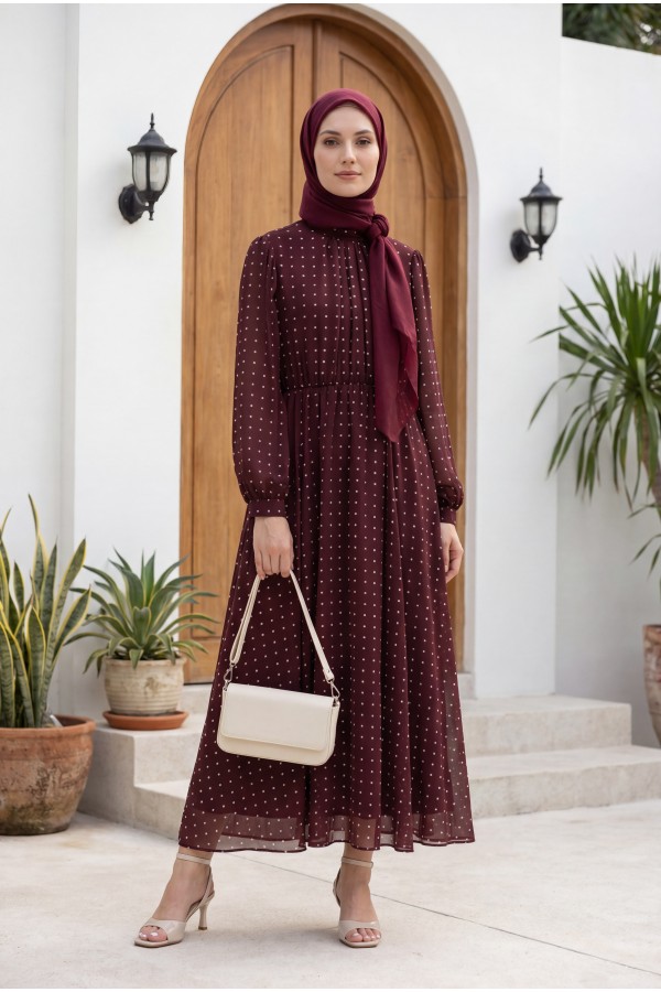 Astarlı Beli Lastikli Puantiye Desenli Uzun Şifon Elbise -Bordo