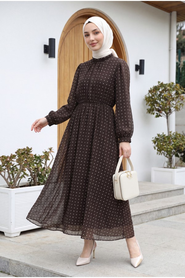 Lined, Elastic Waist, Polka Dot Patterned Long Chiffon Dress -Brown