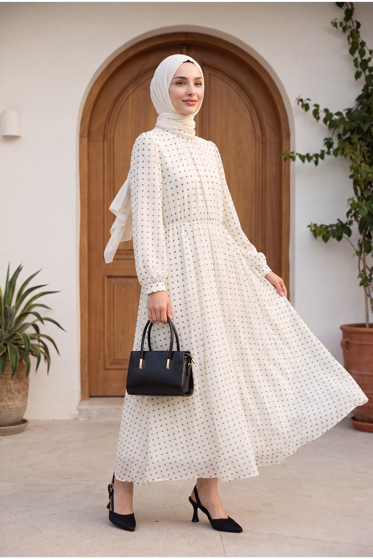 Lined, Elastic Waist, Polka Dot Patterned Long Chiffon Dress -White