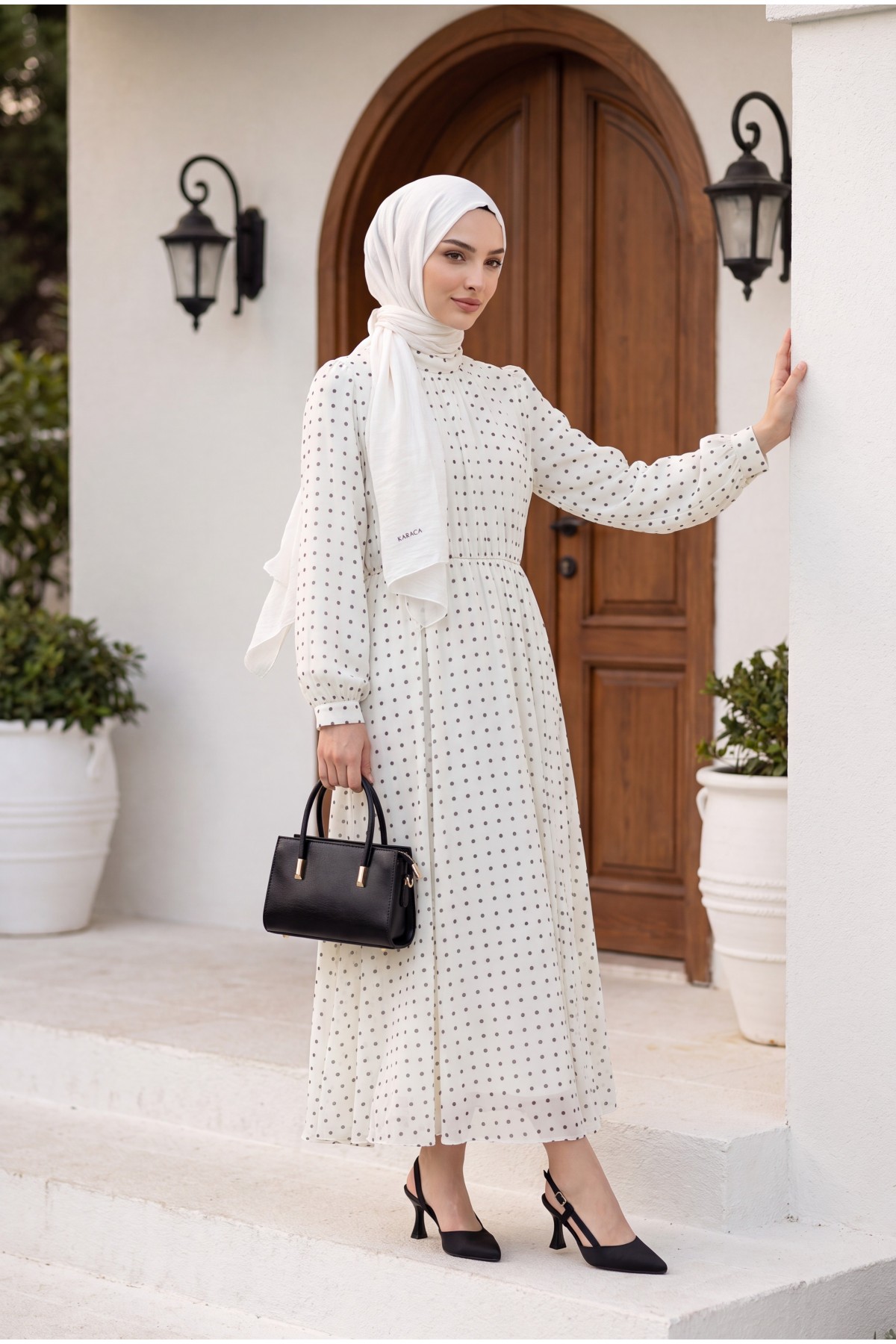 Lined, Elastic Waist, Polka Dot Patterned Long Chiffon Dress -White