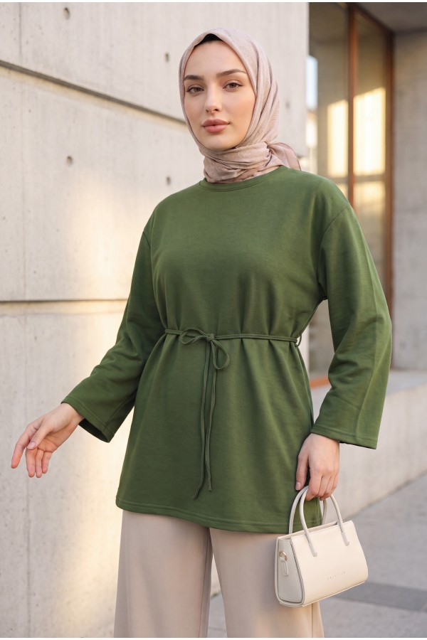Round Neck Tied Waist Combed Cotton Tunic -Khaki
