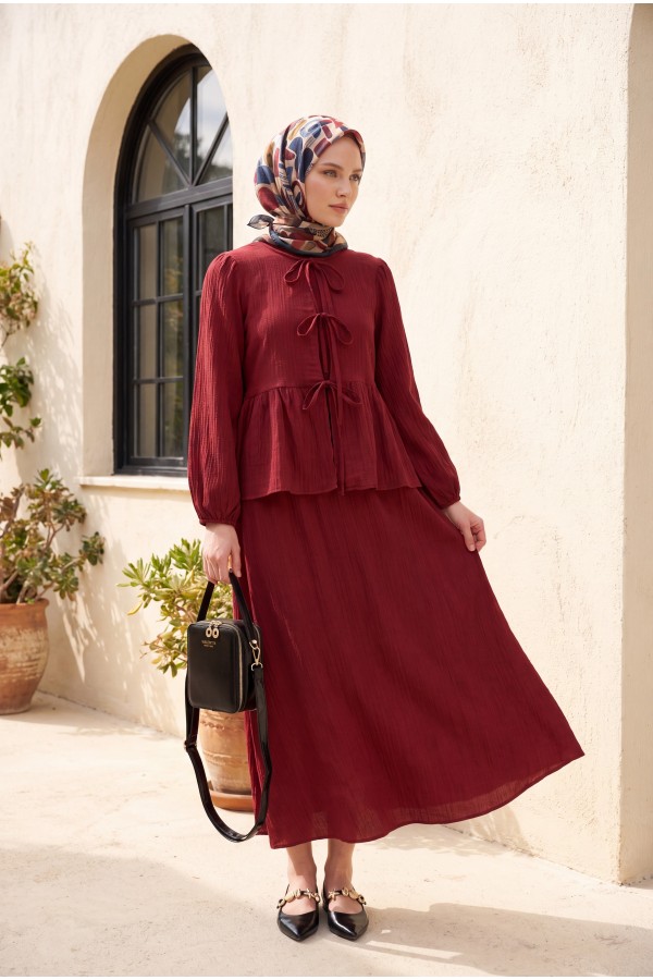 Önü Bağlamalı Kolu Lastikli Etekli Krinkıl Kimono Takım -Bordo