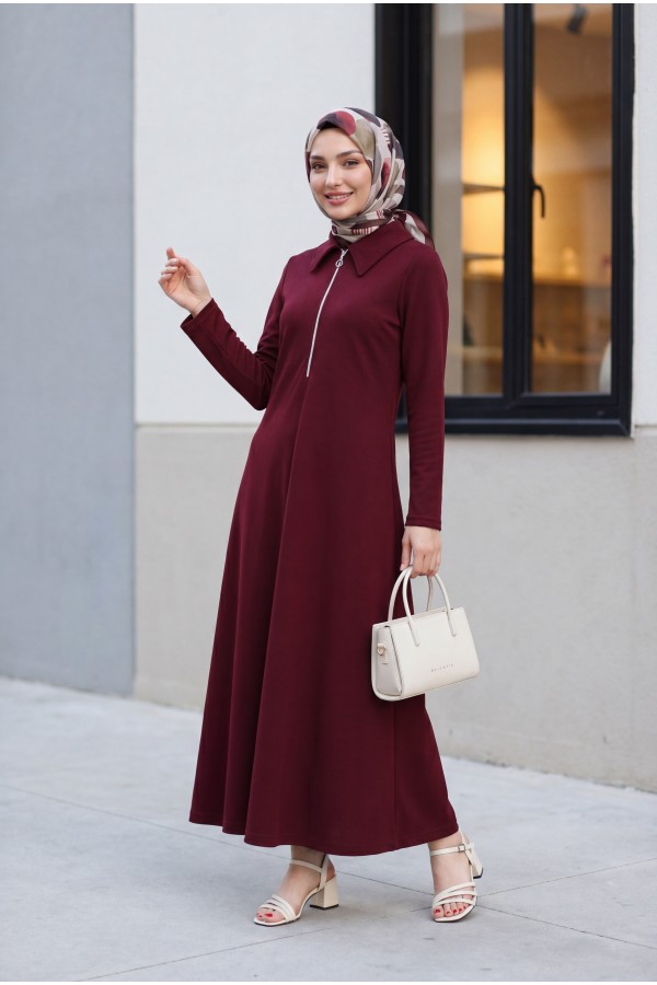 Yarım Fermuarlı Gömlek Yaka Uzun Oyşo Elbise -Bordo