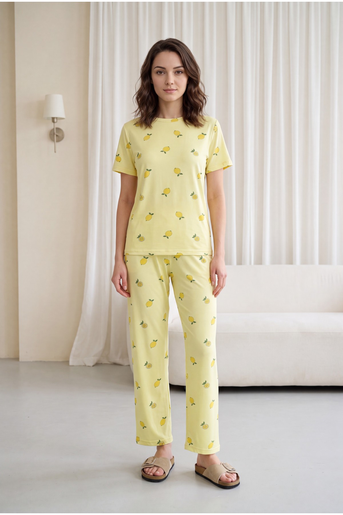 Lemon Patterned Crew Neck Short Sleeve Cotton Pajama Set -Yellow detay görseli