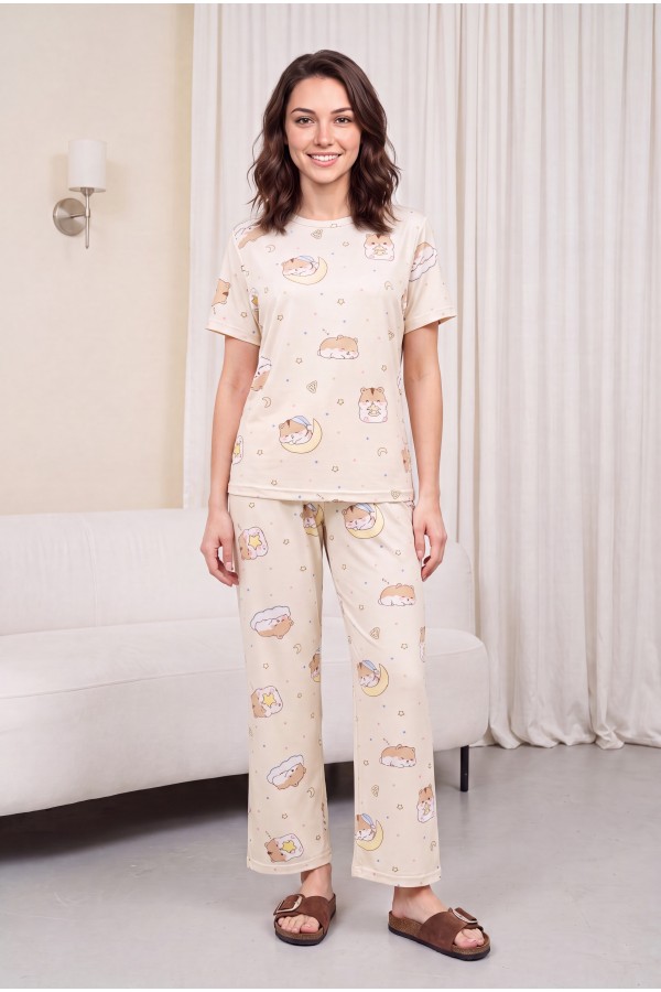 Karışık Figür Desenli Bisiklet Yaka Kısa Kol Penye Pijama Takımı -Krem