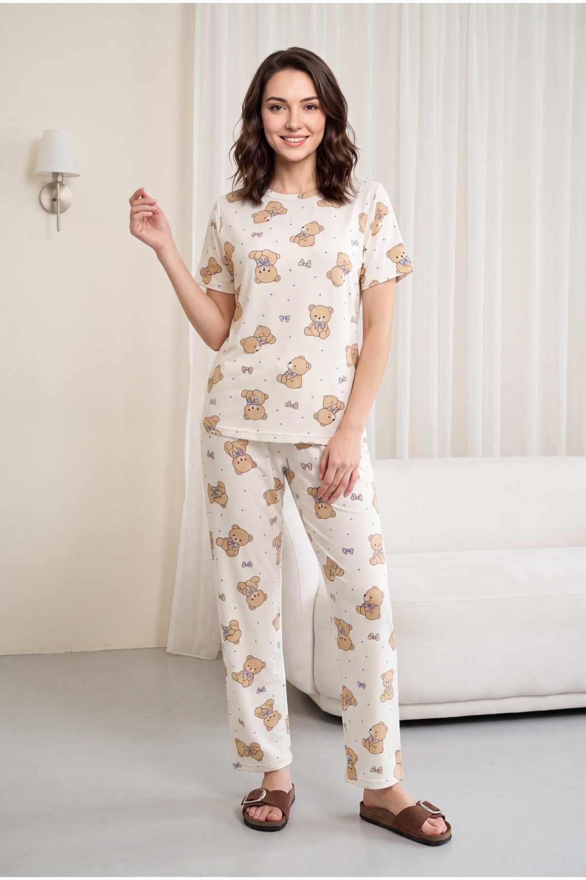 Mixed Pattern Crew Neck Short Sleeve Cotton Pajama Set -White