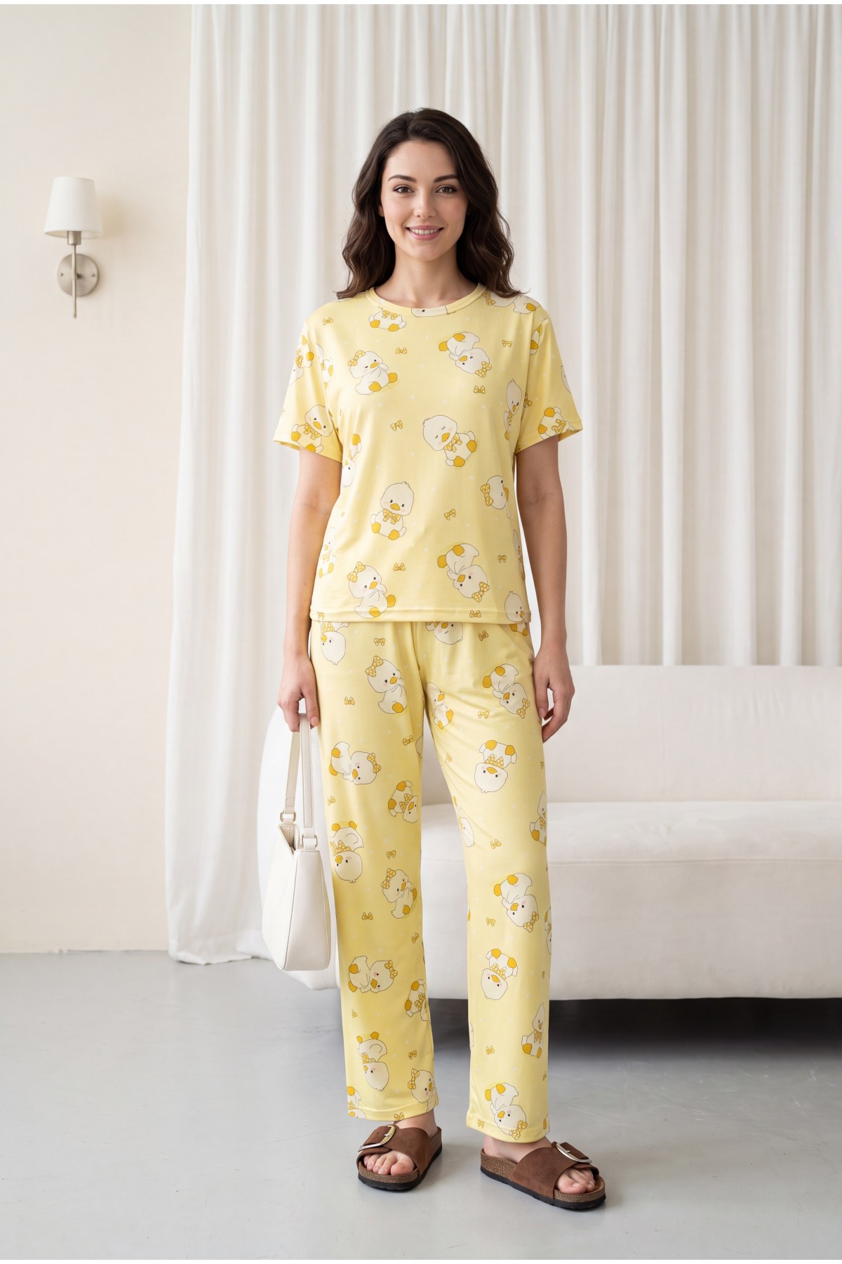 Duck Patterned Crew Neck Short Sleeve Cotton Pajama Set -Yellow