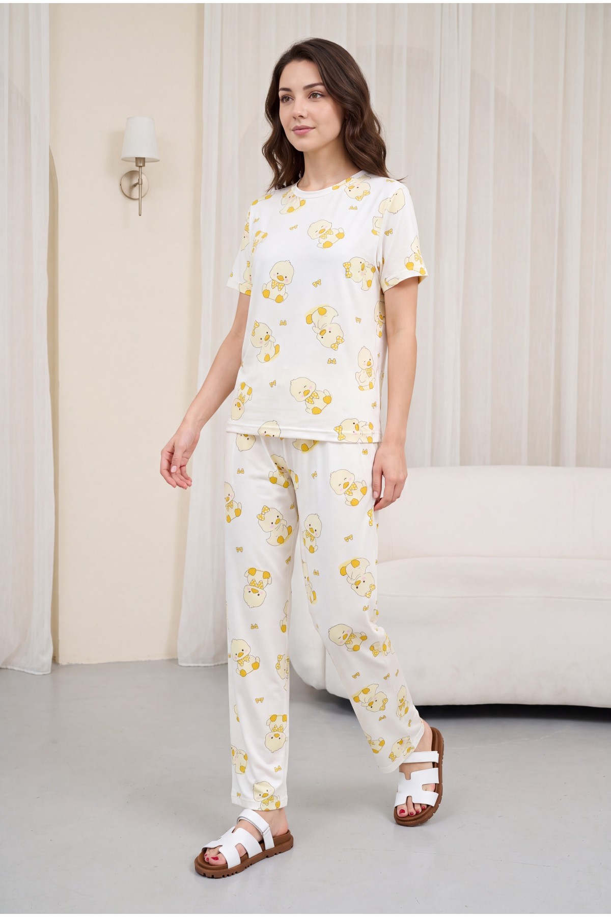 Duck Patterned Crew Neck Short Sleeve Cotton Pajama Set -Ecru