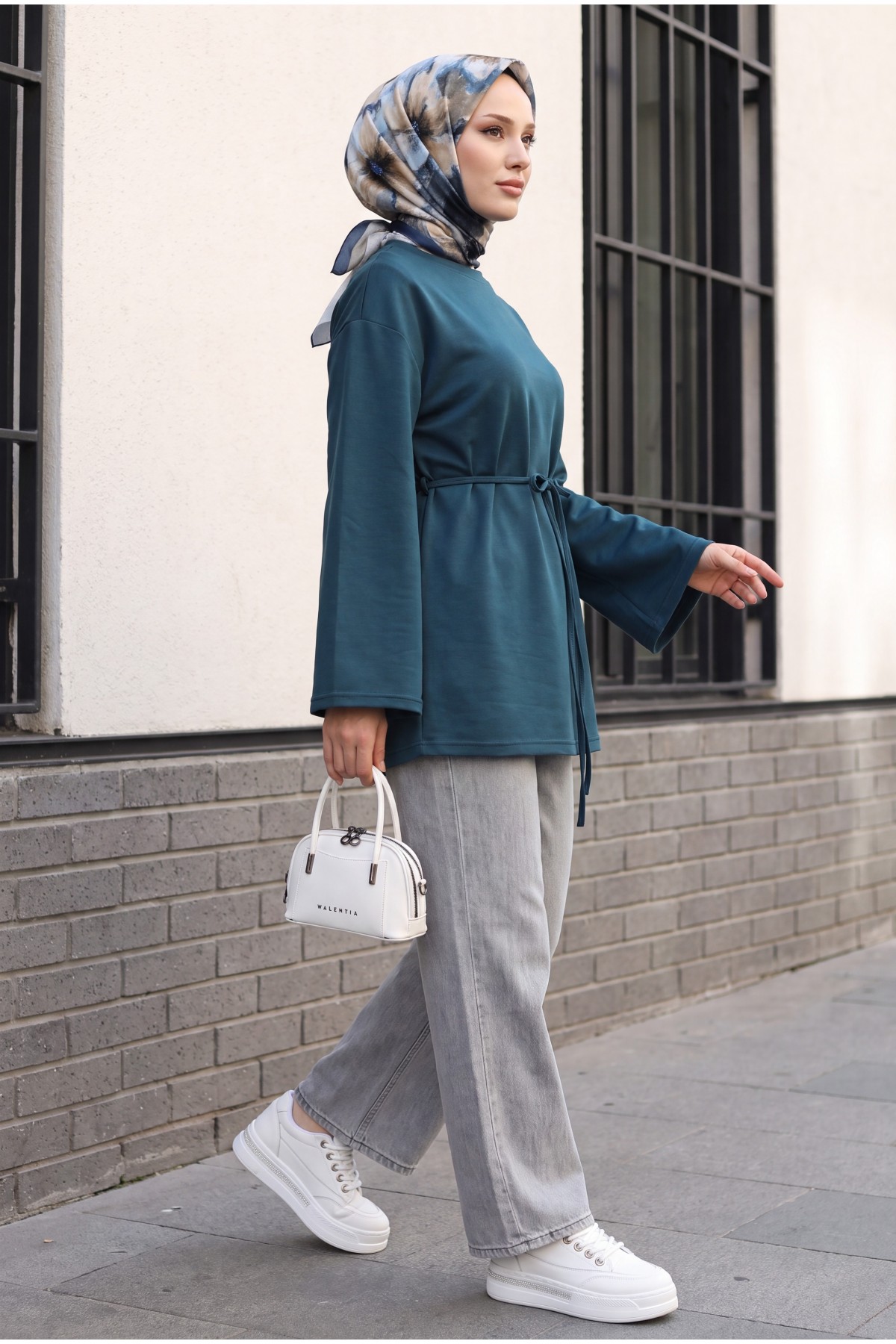 Round Neck Tied Waist Combed Cotton Tunic   -Oil color