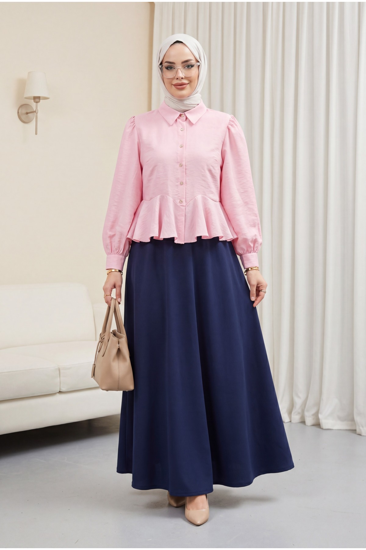 Modal Shirt Blouse with Rhinestone Buttons and Ruffle Detail  -Pink