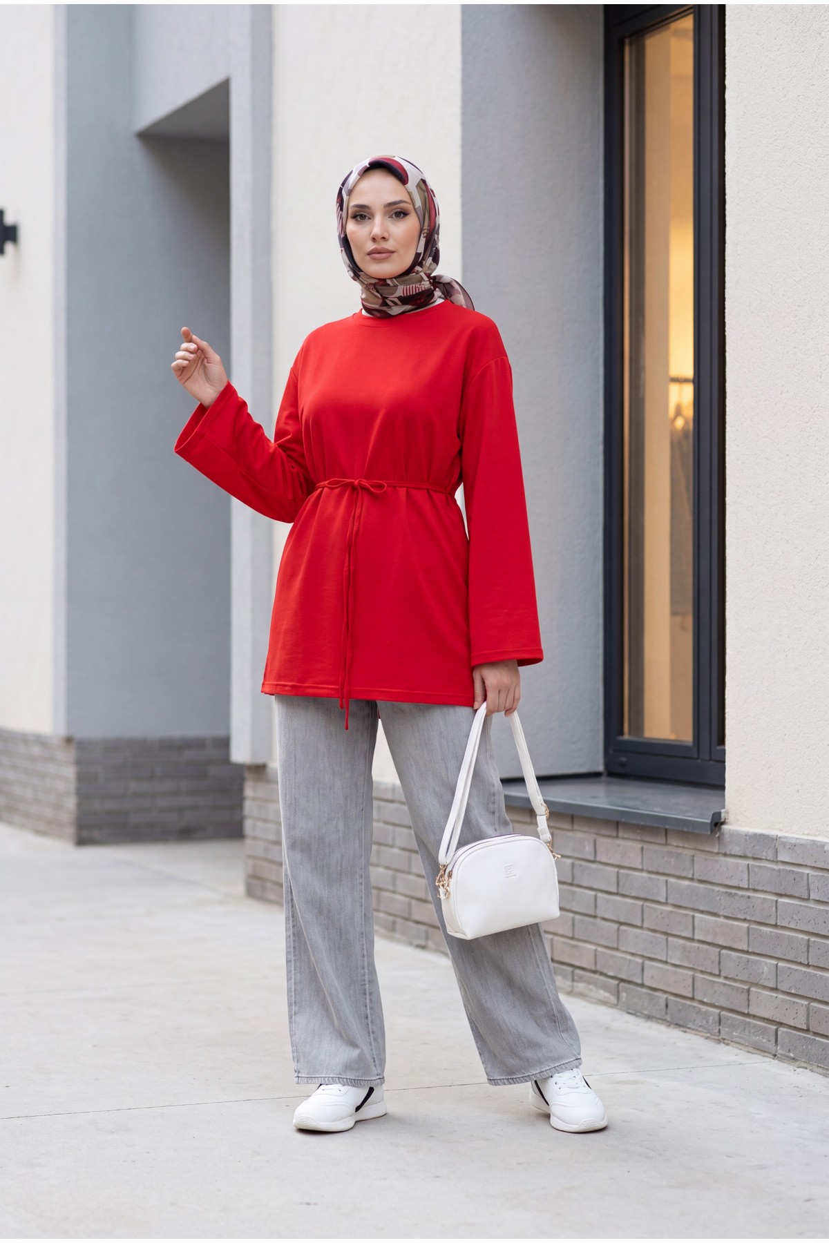 Round Neck Tied Waist Combed Cotton Tunic   -Red