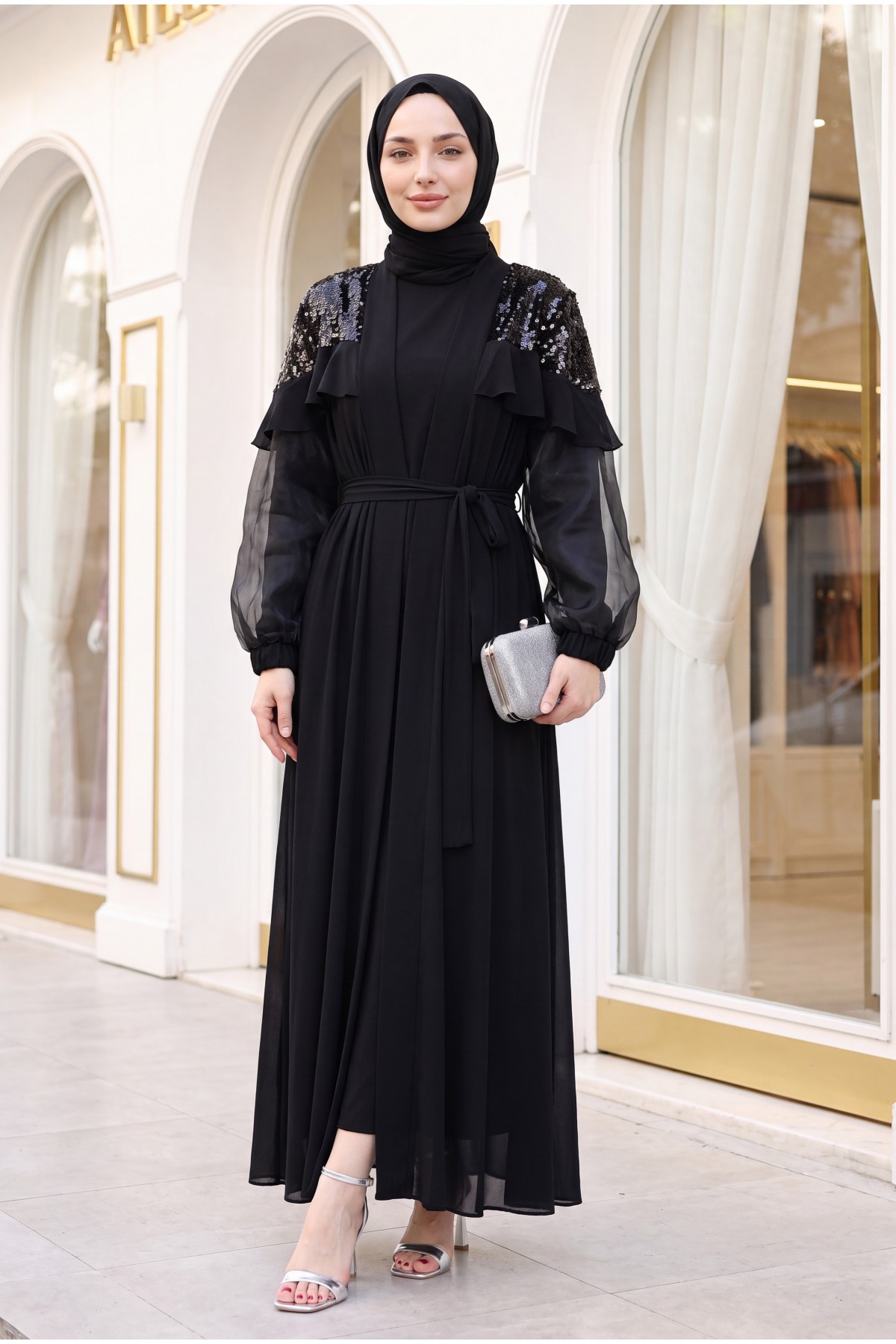 Sequin Shoulders Sequin Sleeve Tulle Double Abaya -Black