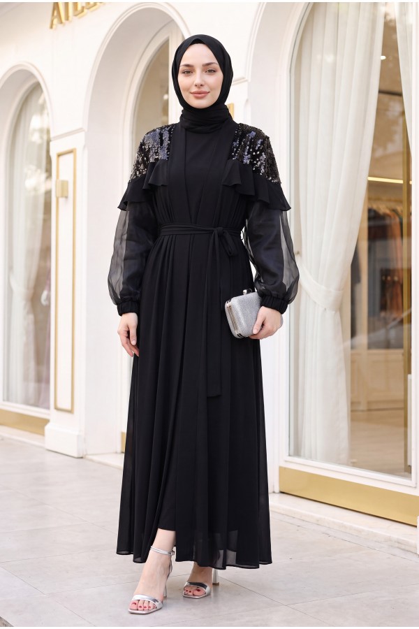 Sequin Shoulders Sequin Sleeve Tulle Double Abaya -Black