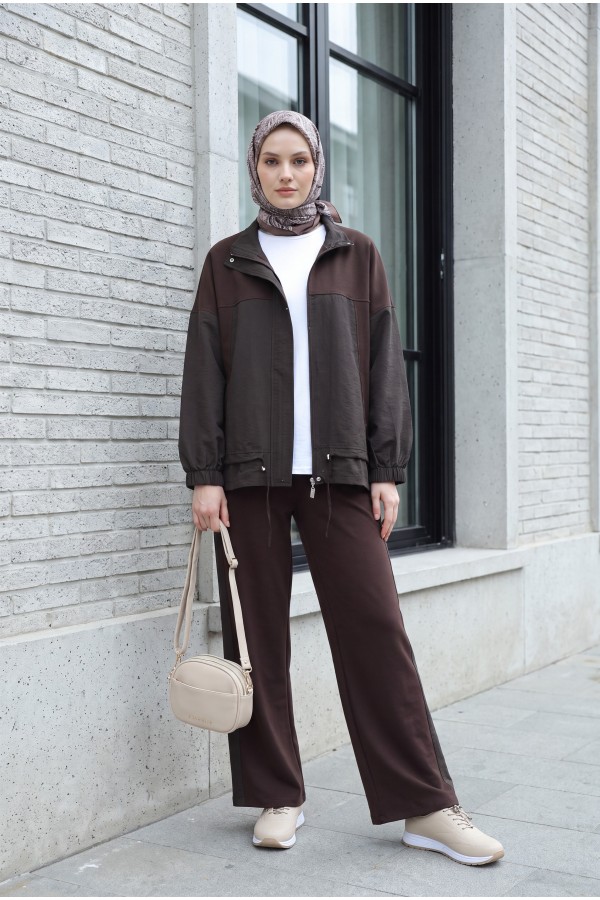 Cotton Jersey Set with Drawstring Waist, Elasticated Cuffs, Front Zipper, and Parachute Detail -Dark Coffee