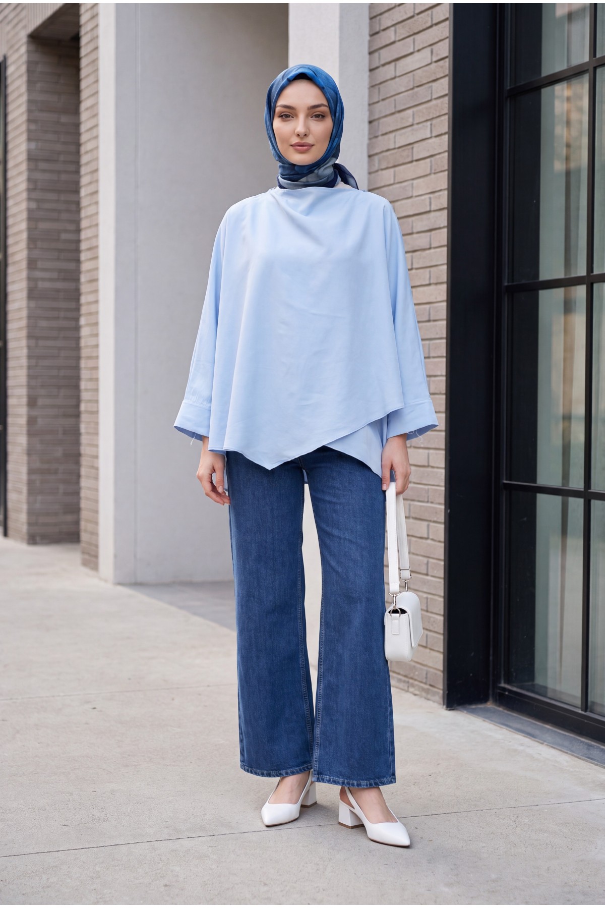 Omuzu Düğmeli Yarasa Kol Modal Kimono Panço -Bebe Mavi