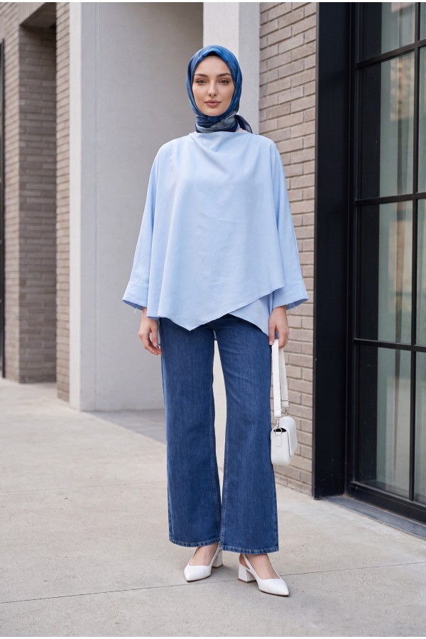 Button-Shoulder Batwing Sleeve Modal Kimono Poncho -Baby Blue