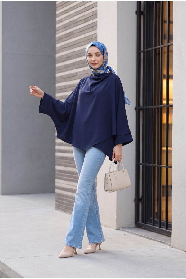 Button-Shoulder Batwing Sleeve Modal Kimono Poncho -Navy blue