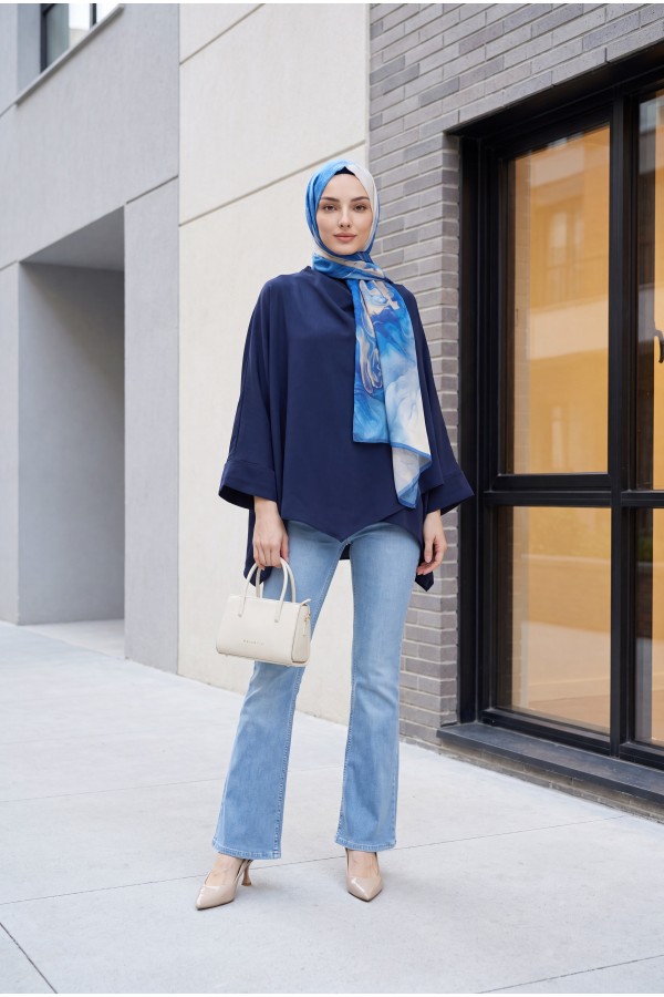 Button-Shoulder Batwing Sleeve Modal Kimono Poncho -Navy blue