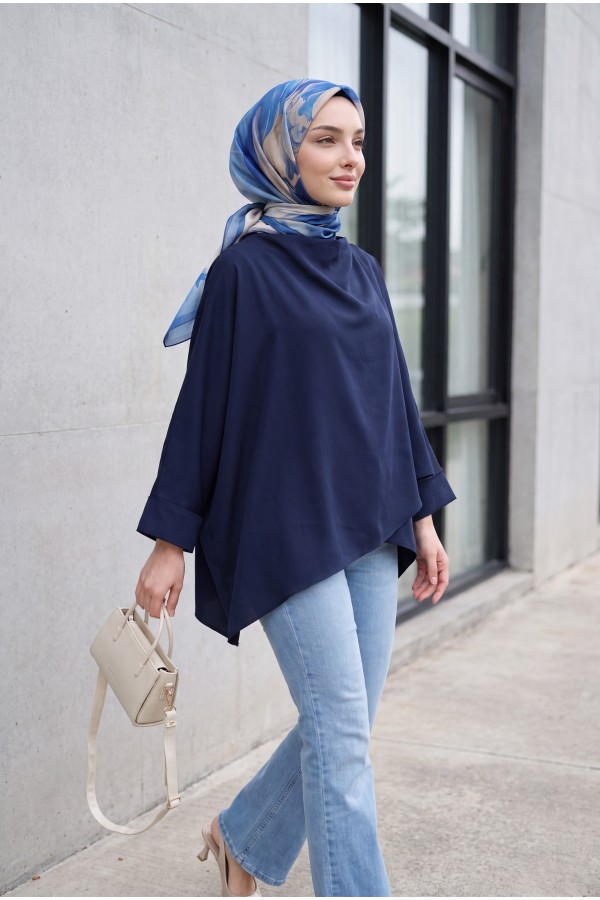 Button-Shoulder Batwing Sleeve Modal Kimono Poncho -Navy blue