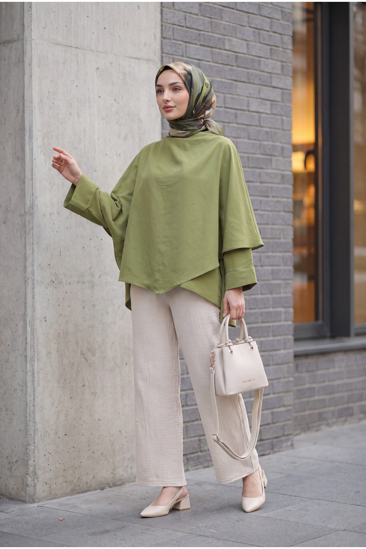 Button-Shoulder Batwing Sleeve Modal Kimono Poncho -Khaki
