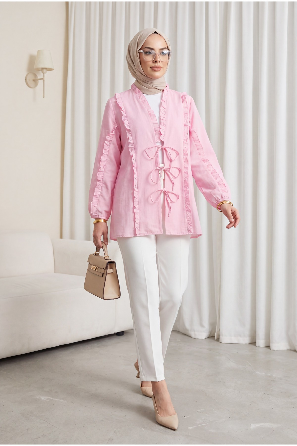 Linen-Look Kimono with Ruffled Front and Sleeves and Tie-Front Detail -Pink