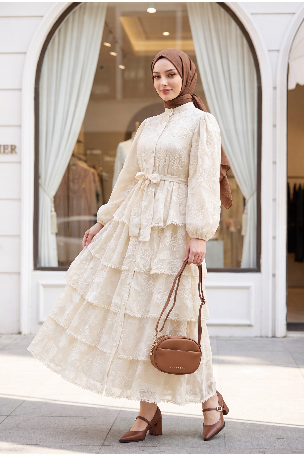 Belted, Lined, Layered, Embroidered, Full-Length Buttoned Chiffon Dress - Beige