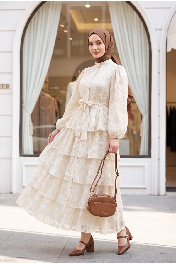 Belted, Lined, Layered, Embroidered, Full-Length Buttoned Chiffon Dress - Beige