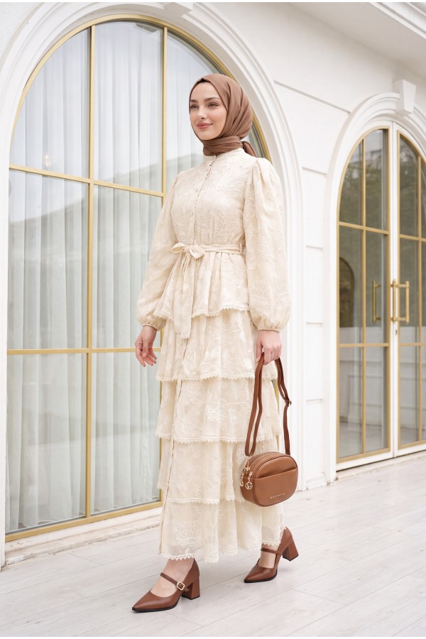Belted, Lined, Layered, Embroidered, Full-Length Buttoned Chiffon Dress - Beige