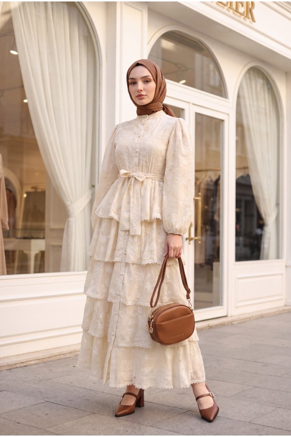 Belted, Lined, Layered, Embroidered, Full-Length Buttoned Chiffon Dress - Beige