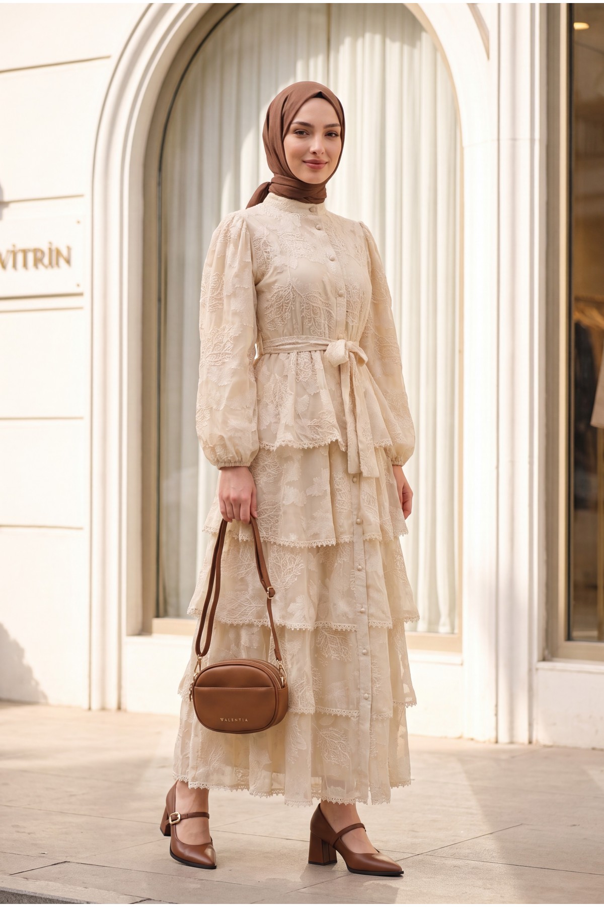 Belted, Lined, Layered, Embroidered, Full-Length Buttoned Chiffon Dress - Beige detay görseli