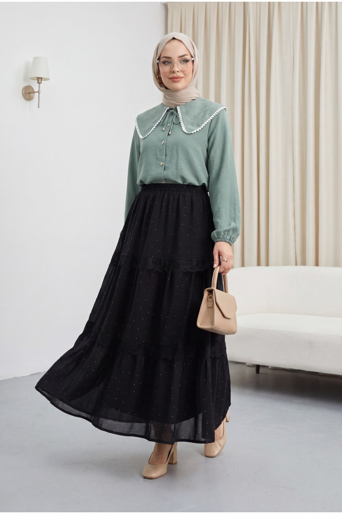 Elasticated Waist, Lined Voile Skirt with Stone and Lace Details -Black