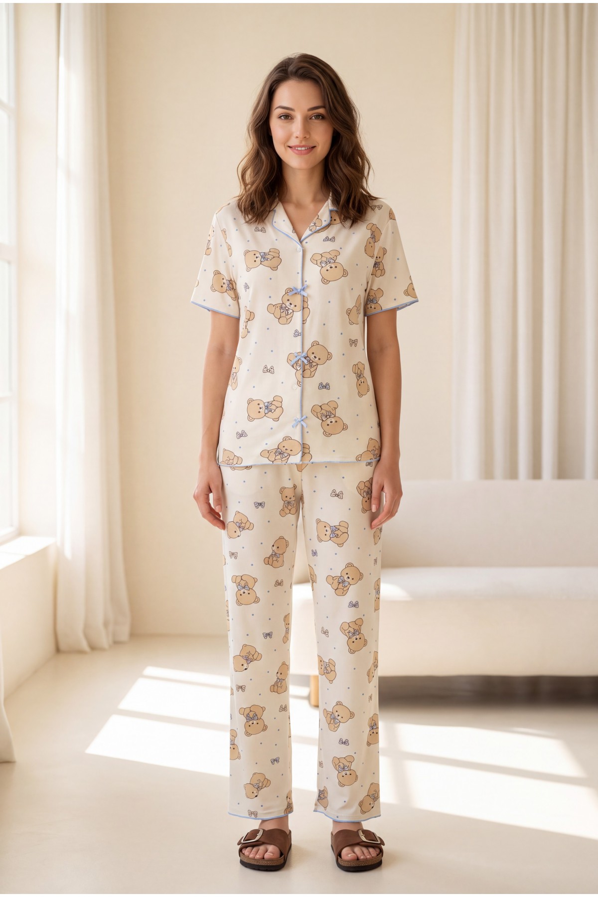Mixed Pattern V-Neck Short-Sleeve Cotton Pajama Set with Bow Detail at Front -White detay görseli