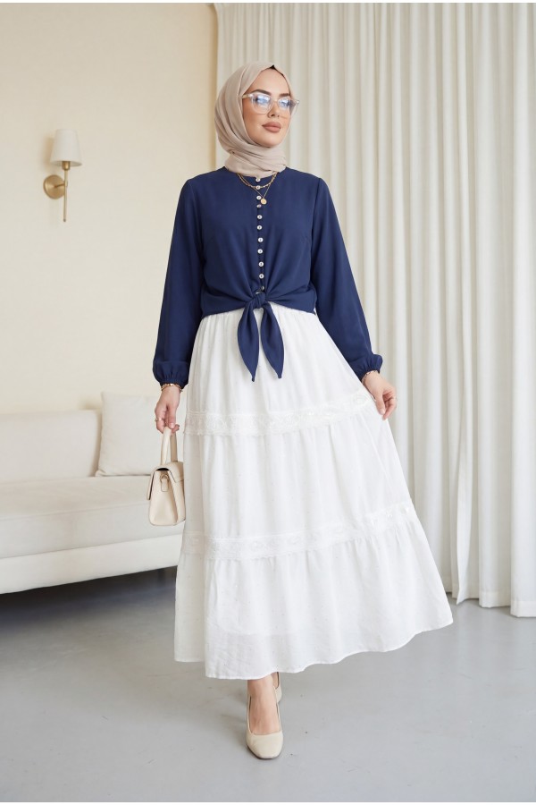 Elasticated Waist, Lined Voile Skirt with Stone and Lace Details -White